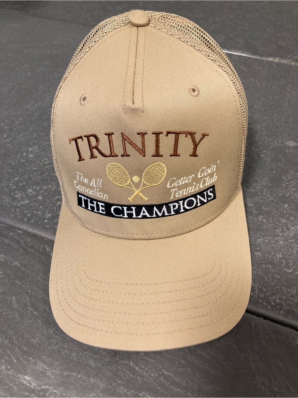 Trinity Tan Baseball Mesh-Back Cap with Embroidered Tennis Logo